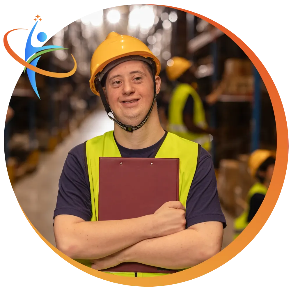 Happy disabled man with down syndrome wearing hard hat at work and holding clipboard